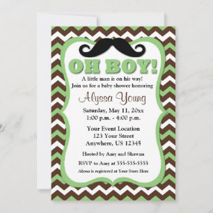 Moustache Brown Green Chevron Baby Shower Invite