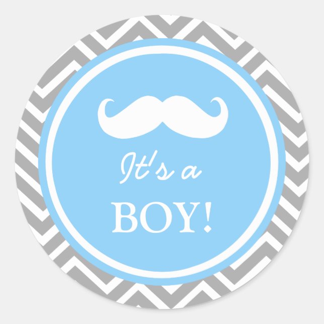 Moustache chevron baby boy shower classic round sticker (Front)