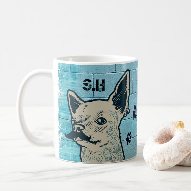Moustache Chihuahua Graffiti Monogram Coffee Mug (With Donut)