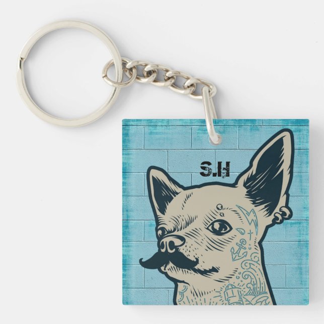 Moustache Chihuahua Graffiti Monogram Key Ring (Front)