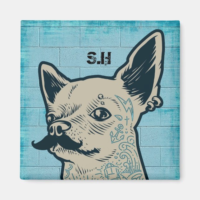 Moustache Chihuahua Graffiti Monogram Magnet (Front)