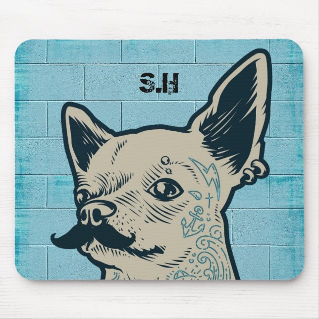 Moustache Chihuahua Graffiti Wall Monogram Mouse Mat (Front)