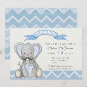 Moustache Cute Baby Elephant Boy Shower Chevron Invitation