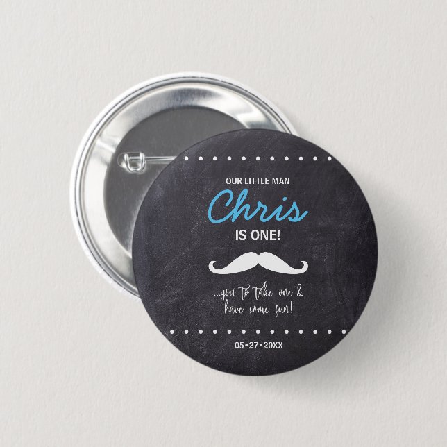 Moustache first birthday, Chalkboard background 6 Cm Round Badge (Front & Back)