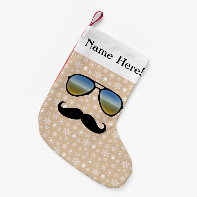 Moustache Glasses Funny Personalised Christmas Small Christmas Stocking (Front (Hanging))