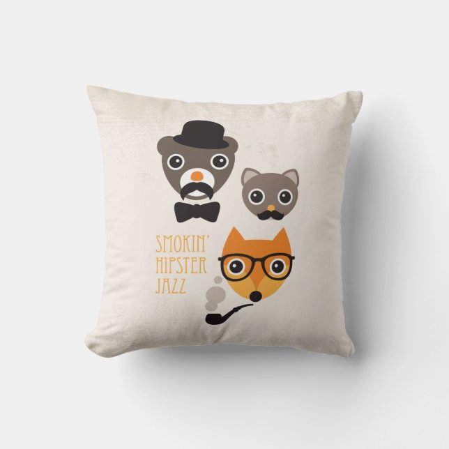 Moustache hipster fox cat and bear illustration cushion (Front)
