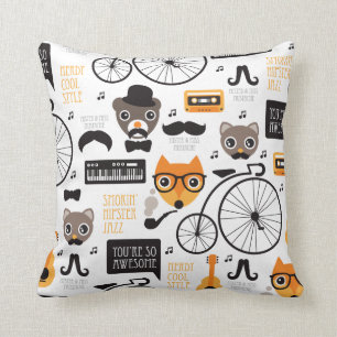 Moustache hipster fox cat and bear illustration cushion