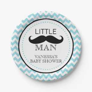 Moustache Lil' Man Baby Shower Boy Chevron Blue Paper Plate