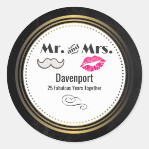 Moustache & Lips Black & Gold Anniversary Classic Round Sticker