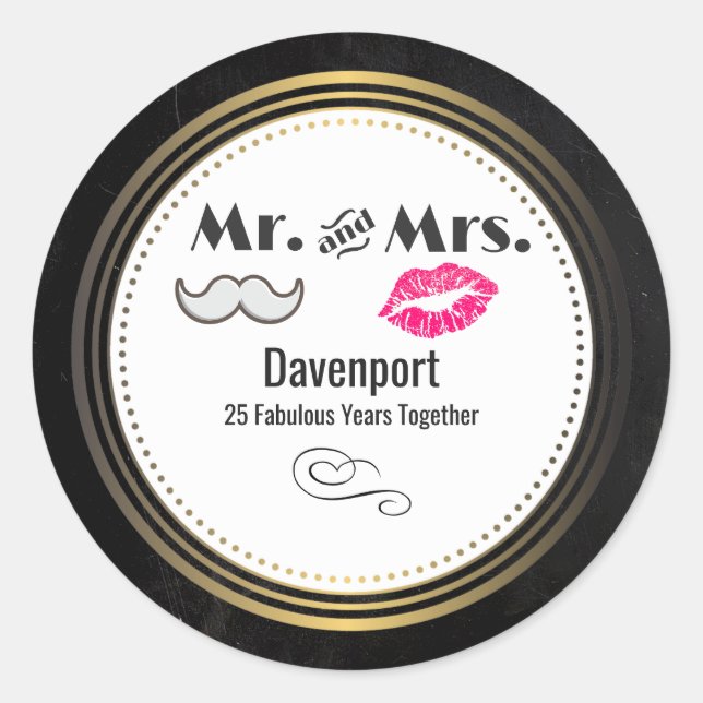 Moustache & Lips Black & Gold Anniversary Classic Round Sticker (Front)