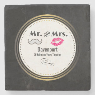 Moustache & Lips Mr. & Mrs. - Anniversary Stone Coaster