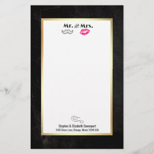 Moustache & Lips Mr. & Mrs. Black and Gold Stationery