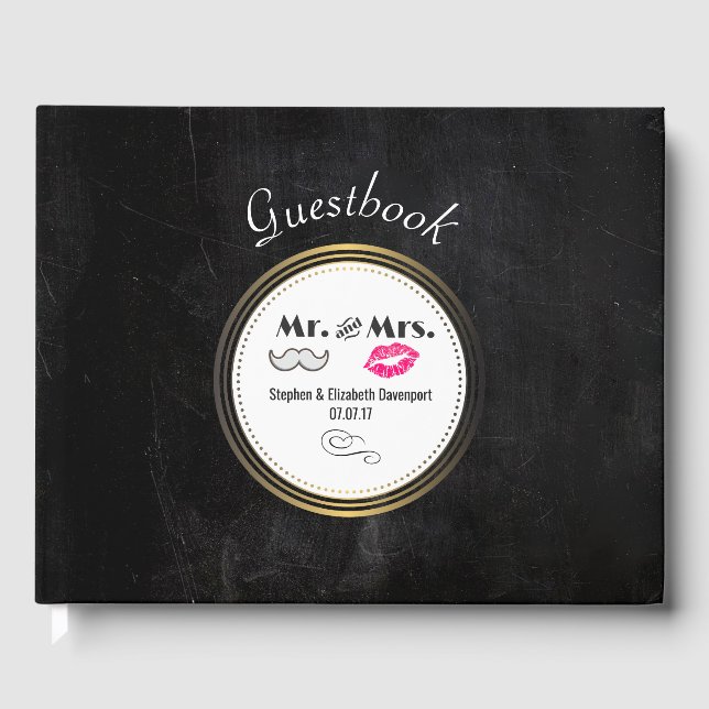 Moustache & Lips Mr. & Mrs. Black & Gold Wedding Guest Book (Front)