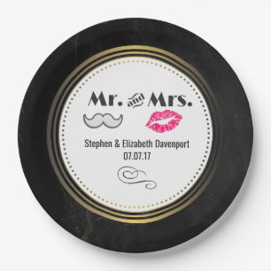 Moustache & Lips Mr. & Mrs. Black & Gold Wedding Paper Plate