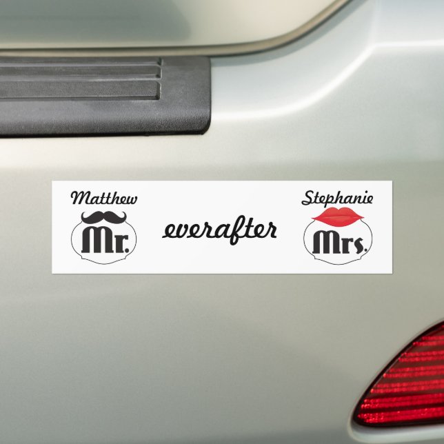 Moustache Lips Mr. Mrs. Just Married Bumper Sticker (On Car)