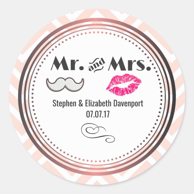 Moustache & Lips Mr. & Mrs. Peach Chevron Wedding Classic Round Sticker (Front)