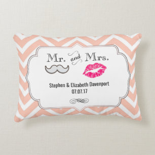Moustache & Lips Mr. & Mrs. Peach Chevron Wedding Decorative Cushion