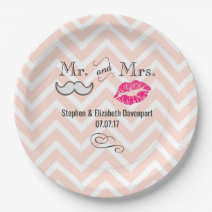Moustache & Lips Mr. & Mrs. Peach Chevron Wedding Paper Plate