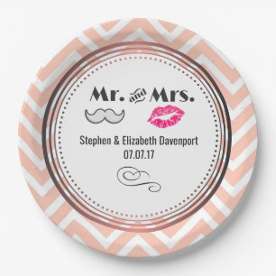 Moustache & Lips Mr. & Mrs. Peach Chevron Wedding Paper Plate