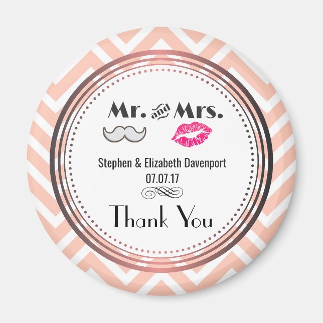 Moustache & Lips Mr. & Mrs. Wedding Thank You Magnet (Front)