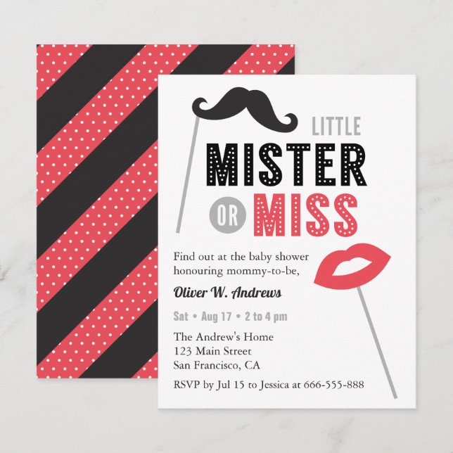 Moustache Lips Props Gender Reveal Baby Shower Invitation (Front/Back)