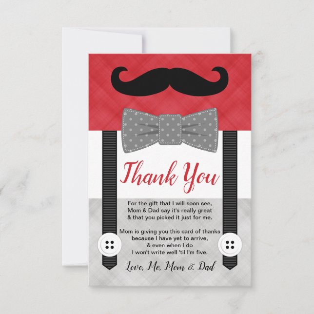 moustache little man red grey boy baby shower thank you card (Front)