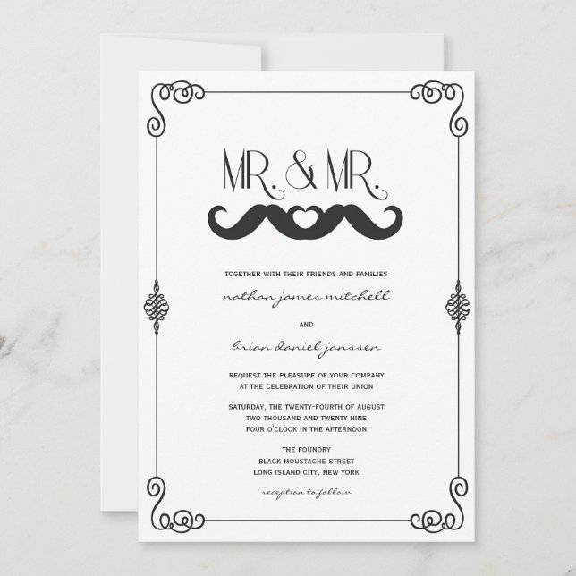 Moustache Love Classic Vintage Scrolls Gay Wedding Invitation (Front)