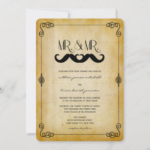 Moustache Love Mr. & Mr. Vintage Paper Gay Wedding Invitation