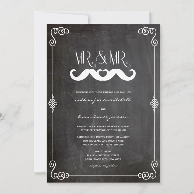 Moustache Love Vintage Chalkboard Gay Wedding Invitation (Front)
