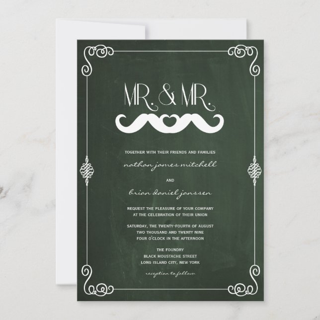 Moustache Love Vintage Chalkboard Gay Wedding Invitation (Front)