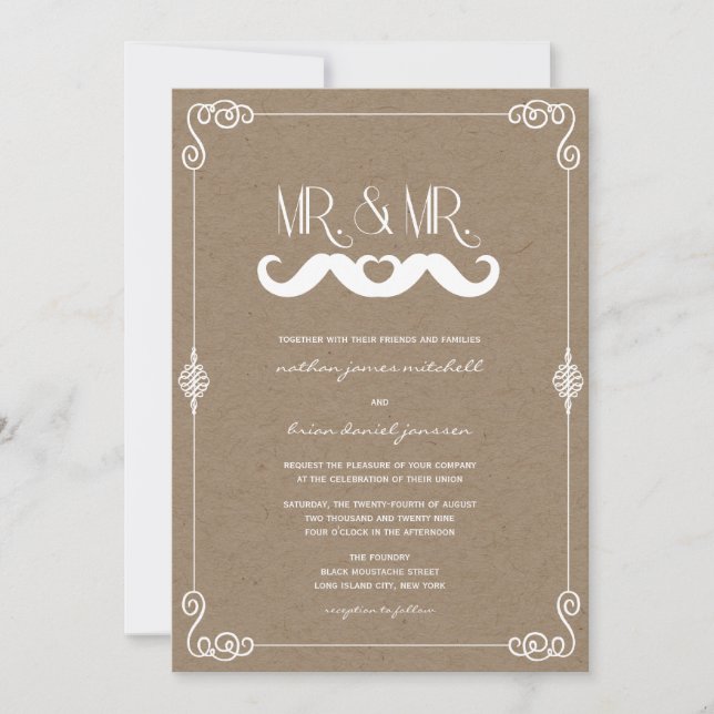 Moustache Love Vintage Kraft Paper Gay Wedding Invitation (Front)