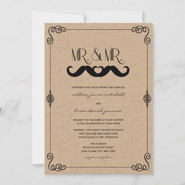 Moustache Love Vintage Kraft Paper Gay Wedding Invitation (Front)