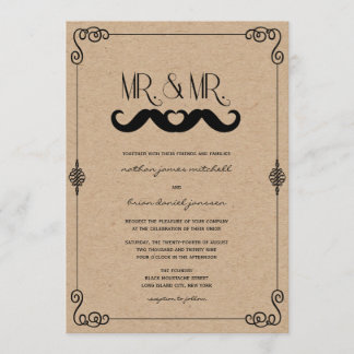 Moustache Love Vintage Kraft Paper Gay Wedding Invitation