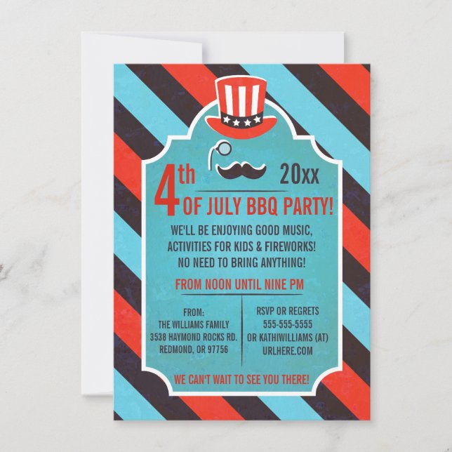 Moustache Monocle 4th of July Party Invitations (Front)