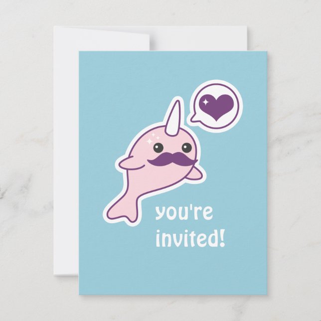 Moustache Narwhal Kids Birthday Party Invitations (Front)