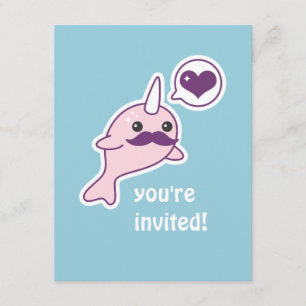 Moustache Narwhal Kids Birthday Party Invitations