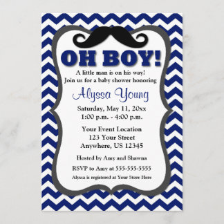 Moustache Navy Blue Chevron Baby Shower Invite