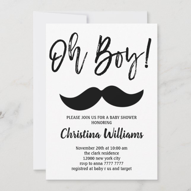 Moustache Oh Boy Baby Shower Minimal Modern Elegan Invitation (Front)