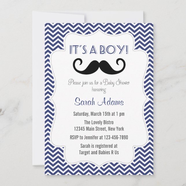 Moustache Party Baby Shower Invitation Navy Blue (Front)