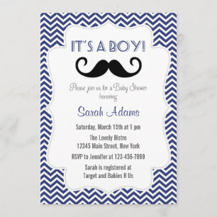 Moustache Party Baby Shower Invitation Navy Blue