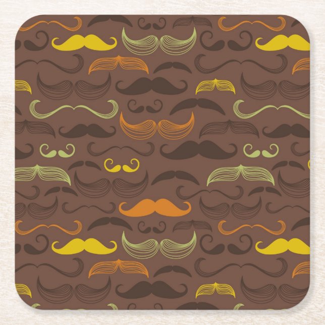 Moustache pattern, retro style 5 square paper coaster (Front)