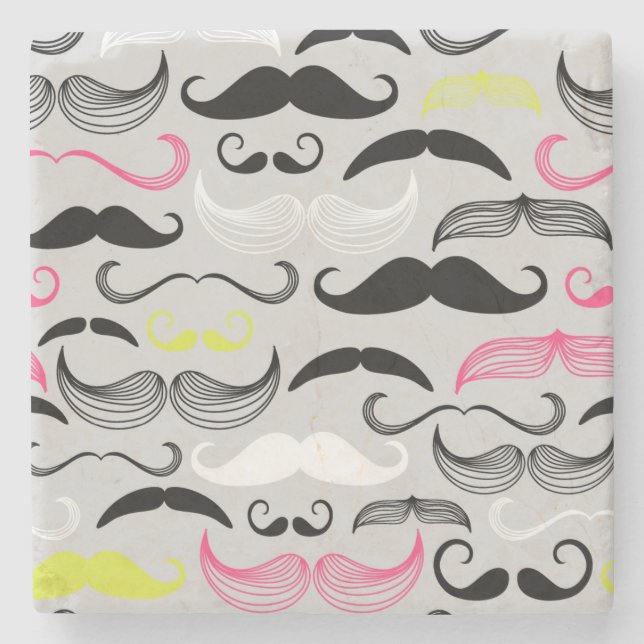 Moustache pattern, retro style stone coaster (Front)
