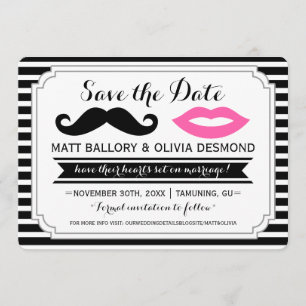 Moustache & Pink Lips Wedding Stripe Save the Date