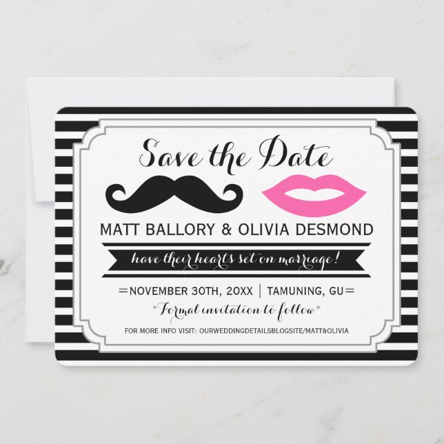 Moustache & Pink Lips Wedding Stripe Save the Date (Front)