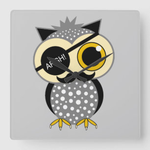 moustache pirate owl square wall clock