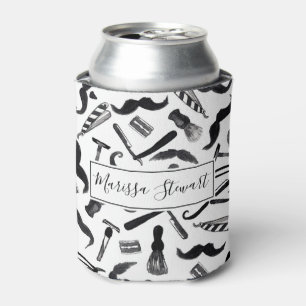 Moustache Razor Shaver Watercolor Barber Pattern Can Cooler