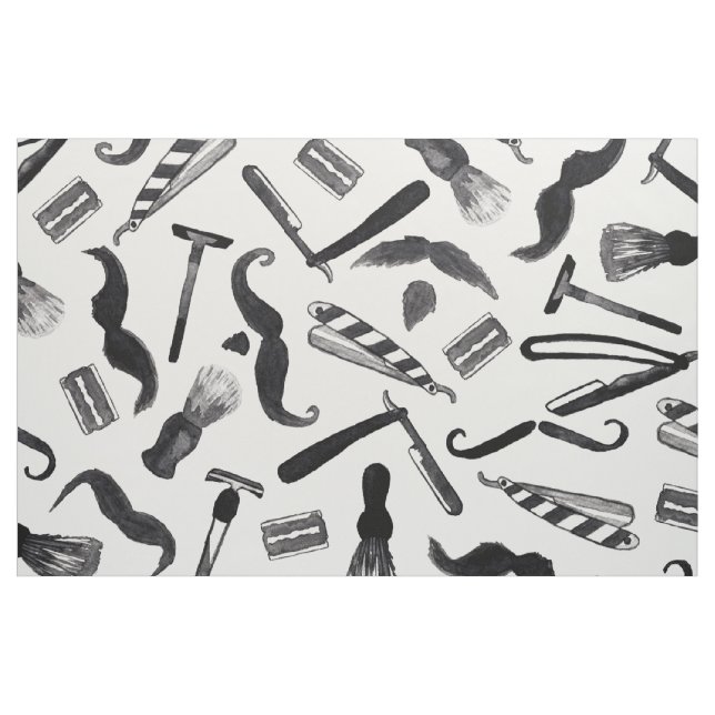 Moustache Razor Shaver Watercolor Barber Pattern Fabric (Yard)