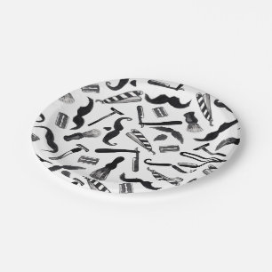 Moustache Razor Shaver Watercolor Barber Pattern Paper Plate