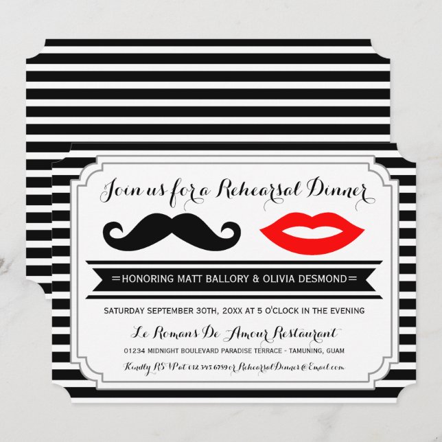 Moustache & Red Lips Rehearsal Dinner Stripes Invitation (Front/Back)