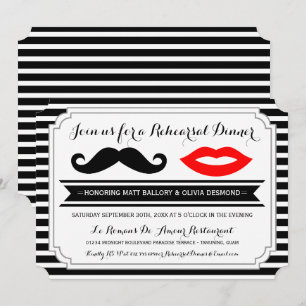 Moustache & Red Lips Rehearsal Dinner Stripes Invitation